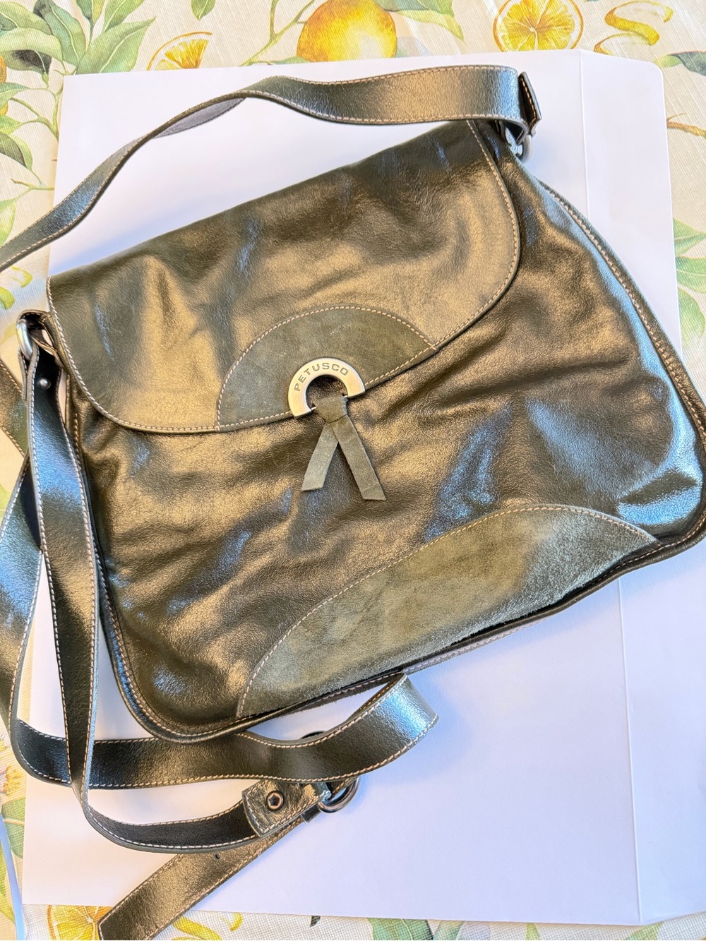 Petusco olive green Leather Shoulder Bag.  Made in Spain high quality leather.